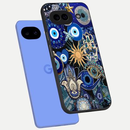  Mystic Blue Evil Eye phone case for Google Pixel 10A showing premium glass back cover with detailed artwork