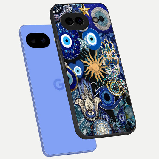 Mystic Blue Evil Eye phone case for Google Pixel 10A showing premium glass back cover with detailed artwork
