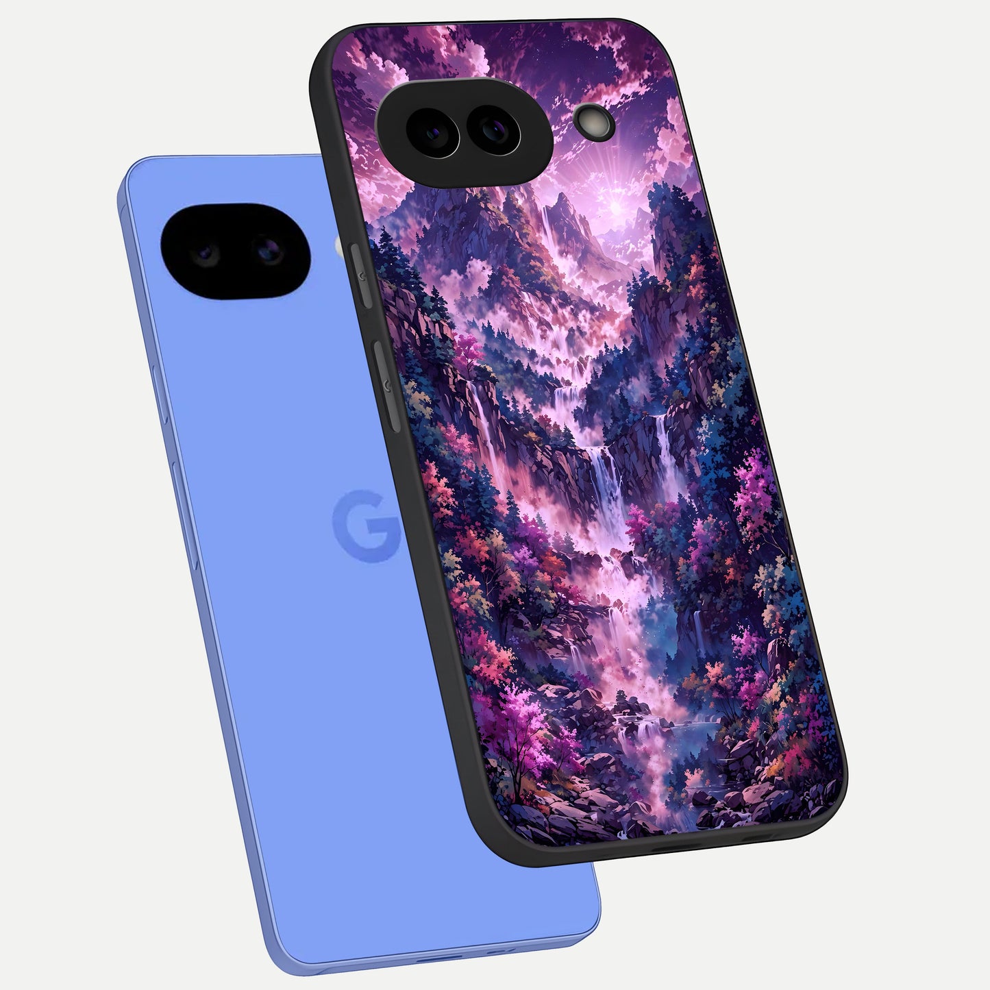  Mystic Cascade Peaks phone case for Google Pixel 10A showing premium glass back cover with detailed artwork