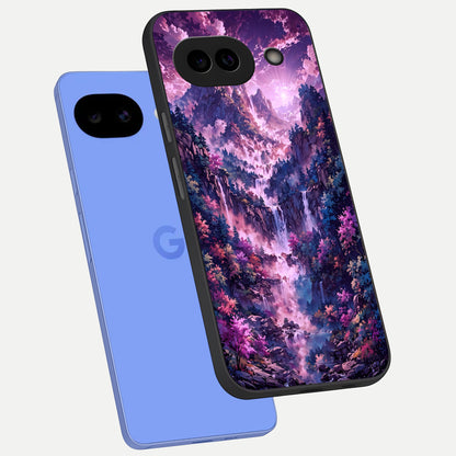  Mystic Cascade Peaks phone case for Google Pixel 10A showing premium glass back cover with detailed artwork