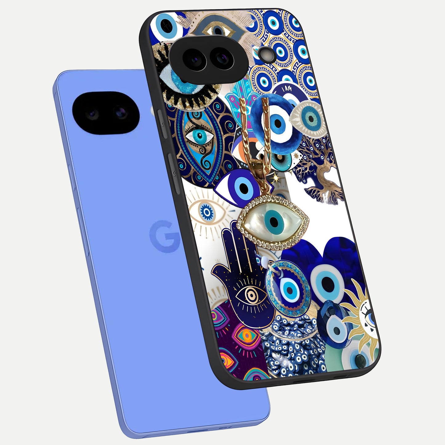  Mystic Charm Eye phone case for Google Pixel 10A showing premium glass back cover with detailed artwork