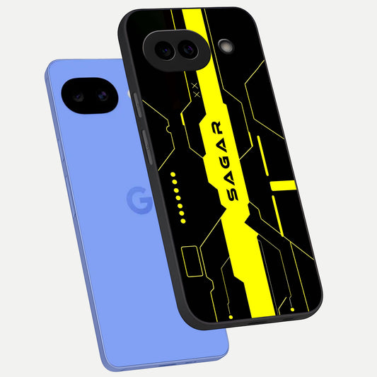  Neon CYBERPUNK Custom Name phone case for Google Pixel 10A showing premium glass back cover with detailed artwork