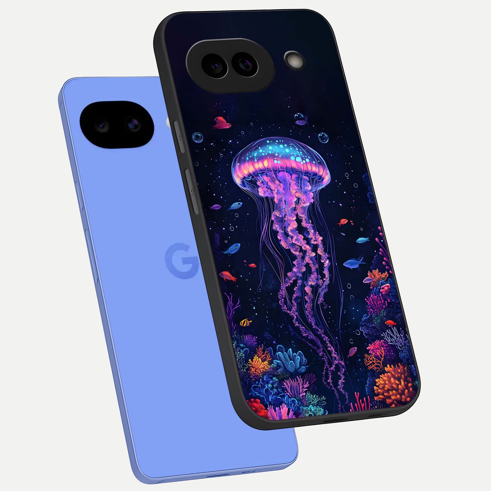  Neon Jellyfish phone case for Google Pixel 10A showing premium glass back cover with detailed artwork