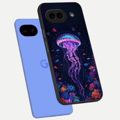  Neon Jellyfish phone case for Google Pixel 10A showing premium glass back cover with detailed artwork