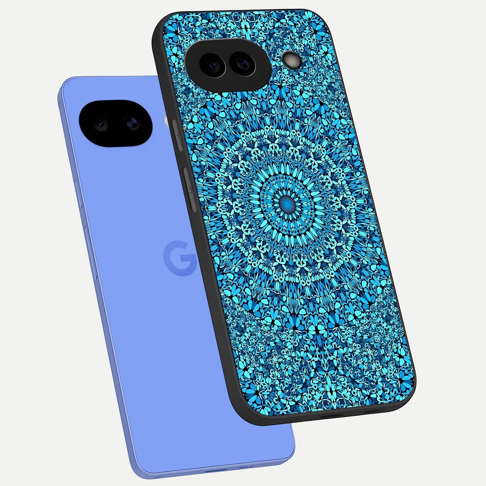  Ocean Bloom Mandala phone case for Google Pixel 10A showing premium glass back cover with detailed artwork