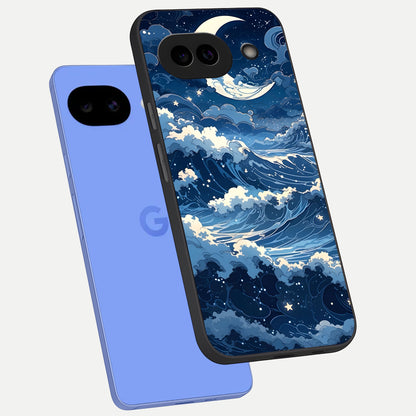  Ocean Moon Waves phone case for Google Pixel 10A showing premium glass back cover with detailed artwork