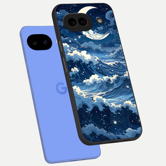  Ocean Moon Waves phone case for Google Pixel 10A showing premium glass back cover with detailed artwork