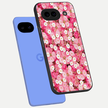  Pink Daisy Bliss phone case for Google Pixel 10A showing premium glass back cover with detailed artwork