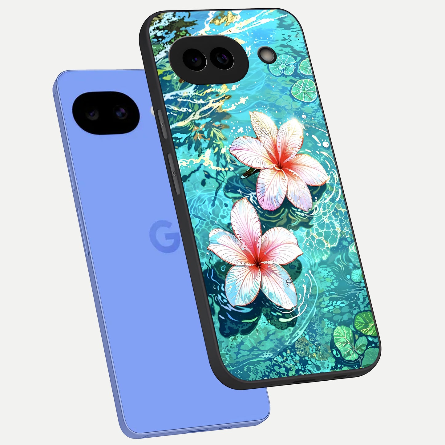  Pink Flowers in Water phone case for Google Pixel 10A showing premium glass back cover with detailed artwork