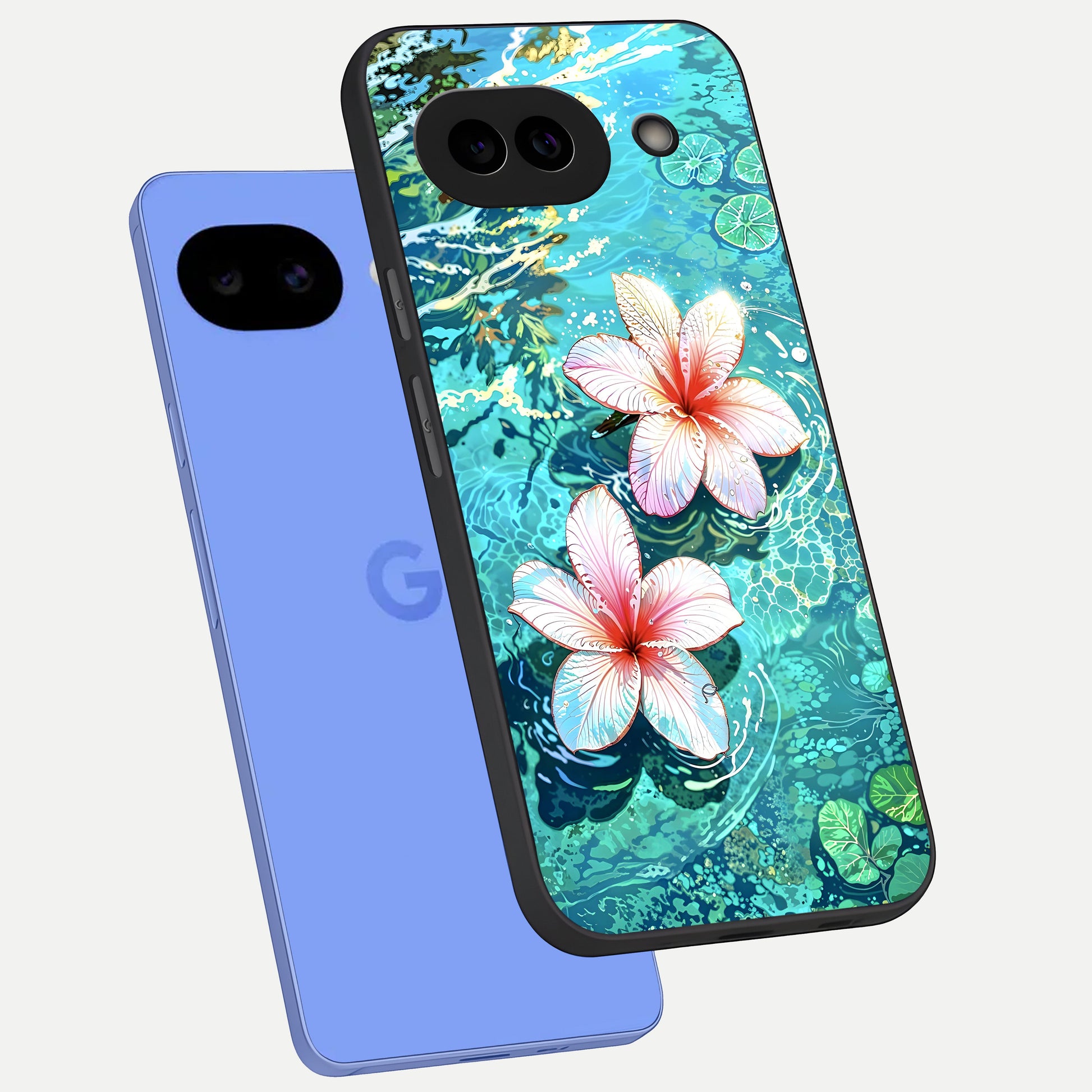  Pink Flowers in Water phone case for Google Pixel 10A showing premium glass back cover with detailed artwork