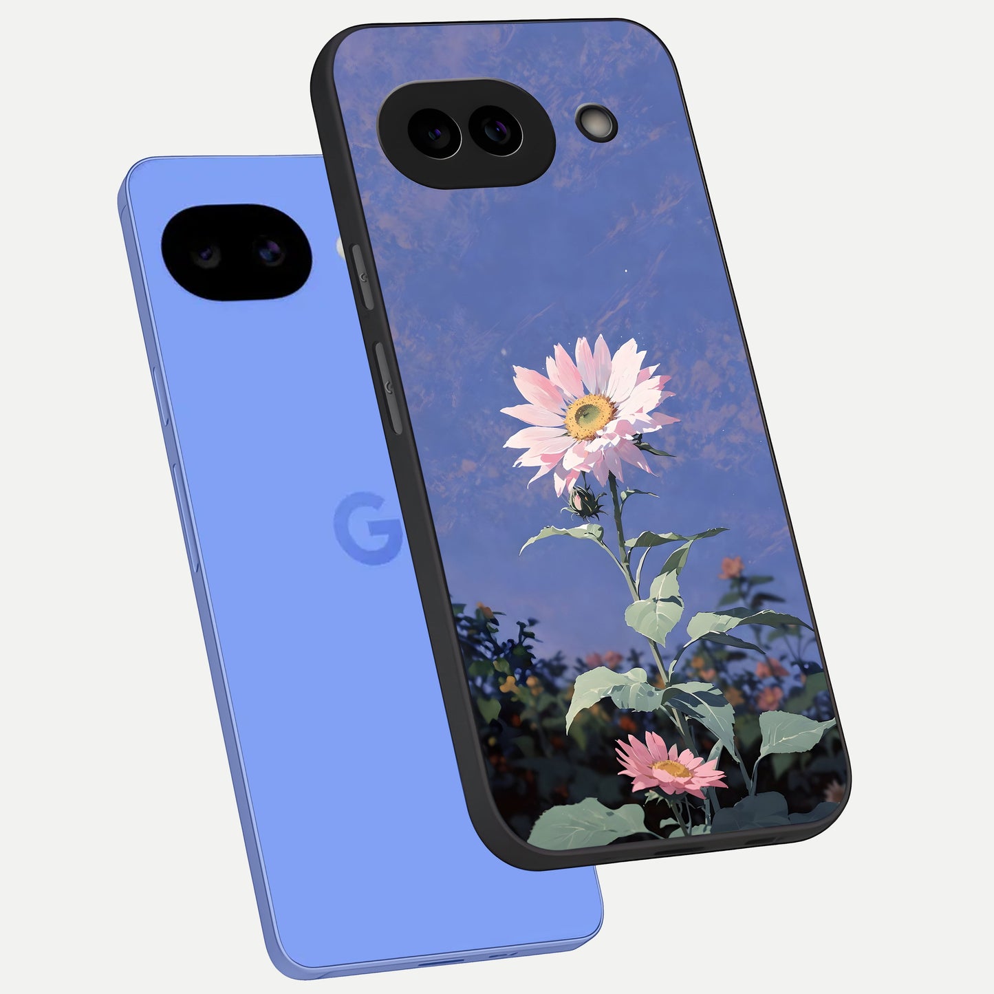  Pink Sunflower Glow phone case for Google Pixel 10A showing premium glass back cover with detailed artwork