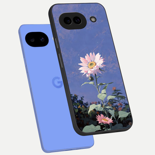 Pink Sunflower Glow phone case for Google Pixel 10A showing premium glass back cover with detailed artwork