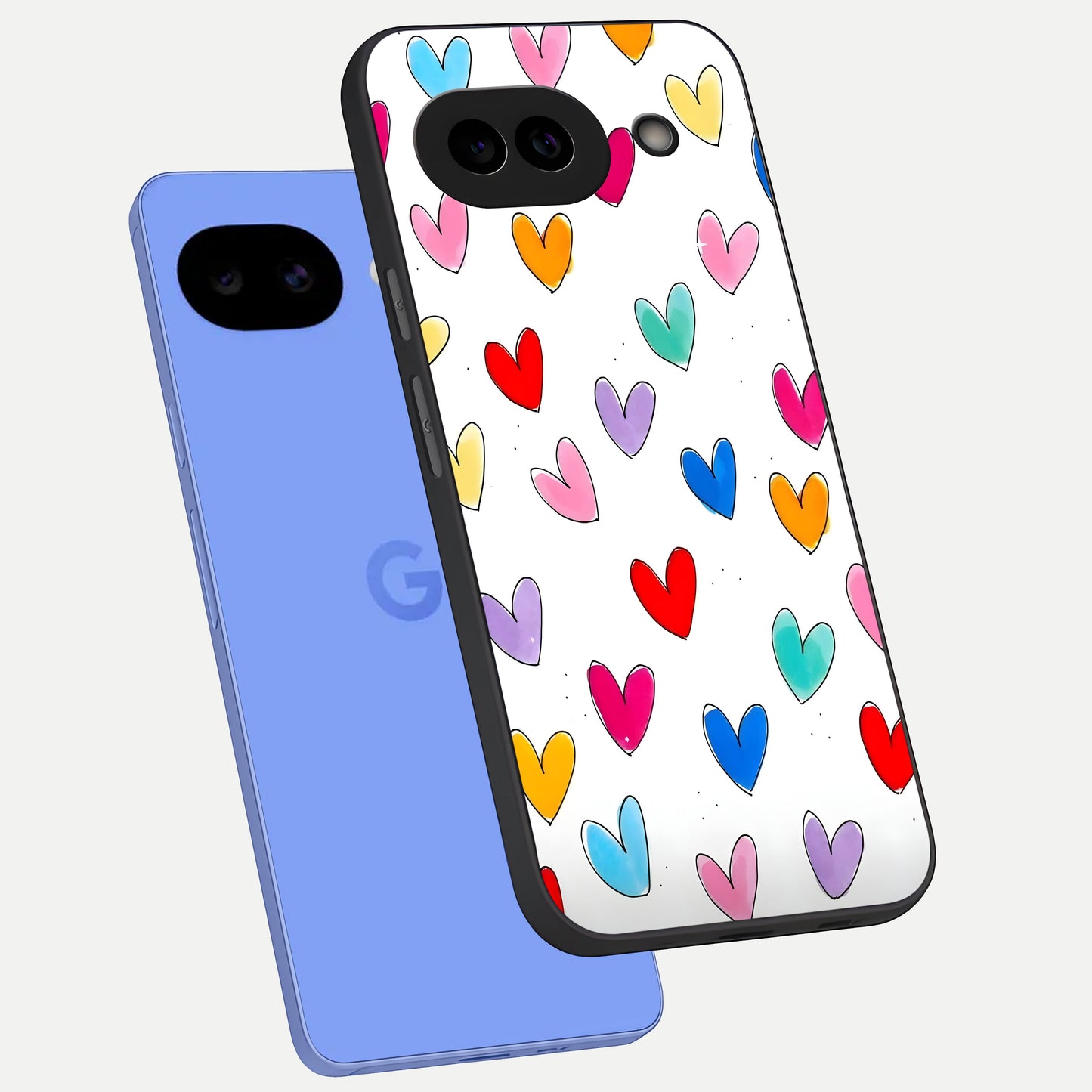  Playful Love Doodles phone case for Google Pixel 10A showing premium glass back cover with detailed artwork