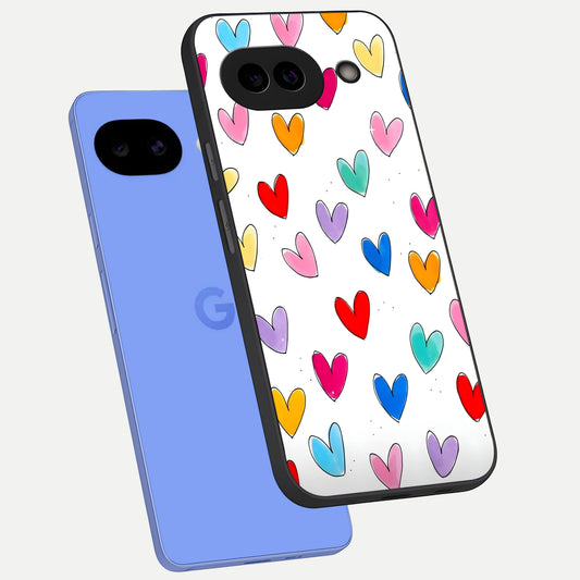  Playful Love Doodles phone case for Google Pixel 10A showing premium glass back cover with detailed artwork