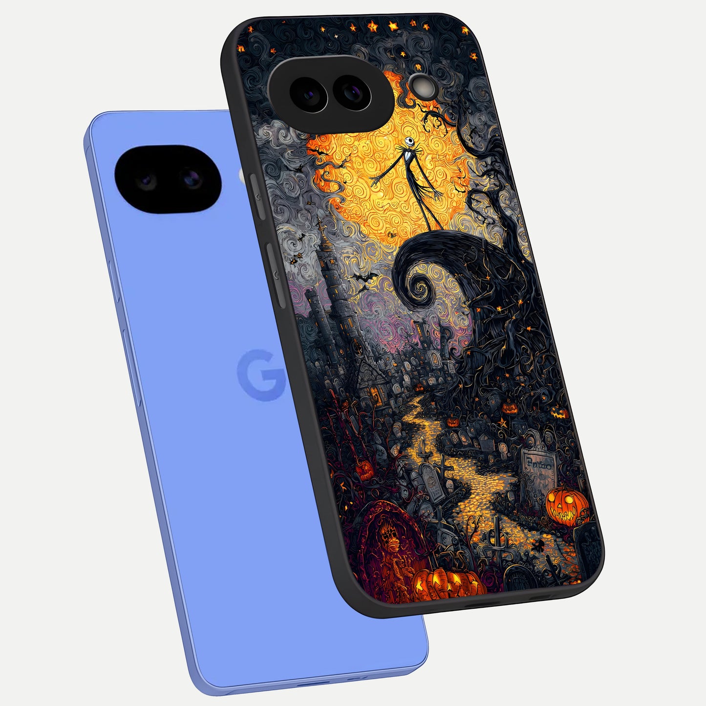  Pumpkin Moonlight Tale phone case for Google Pixel 10A showing premium glass back cover with detailed artwork