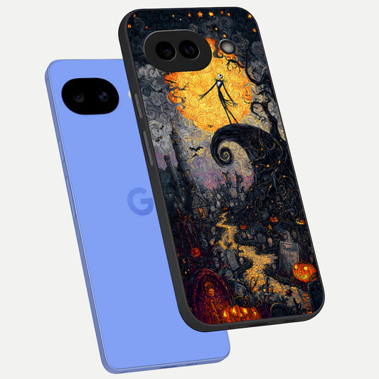  Pumpkin Moonlight Tale phone case for Google Pixel 10A showing premium glass back cover with detailed artwork