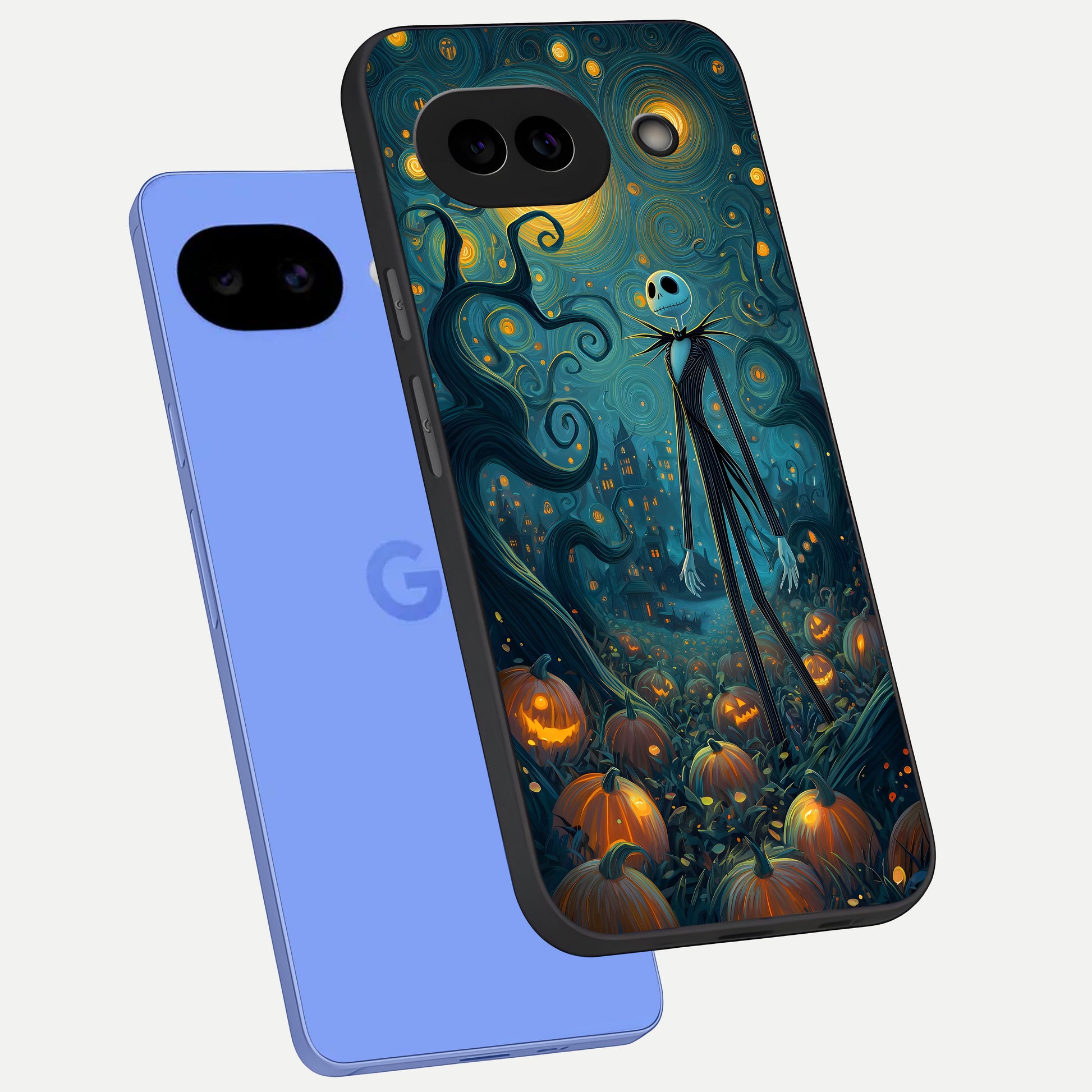  Pumpkin Moon Night phone case for Google Pixel 10A showing premium glass back cover with detailed artwork