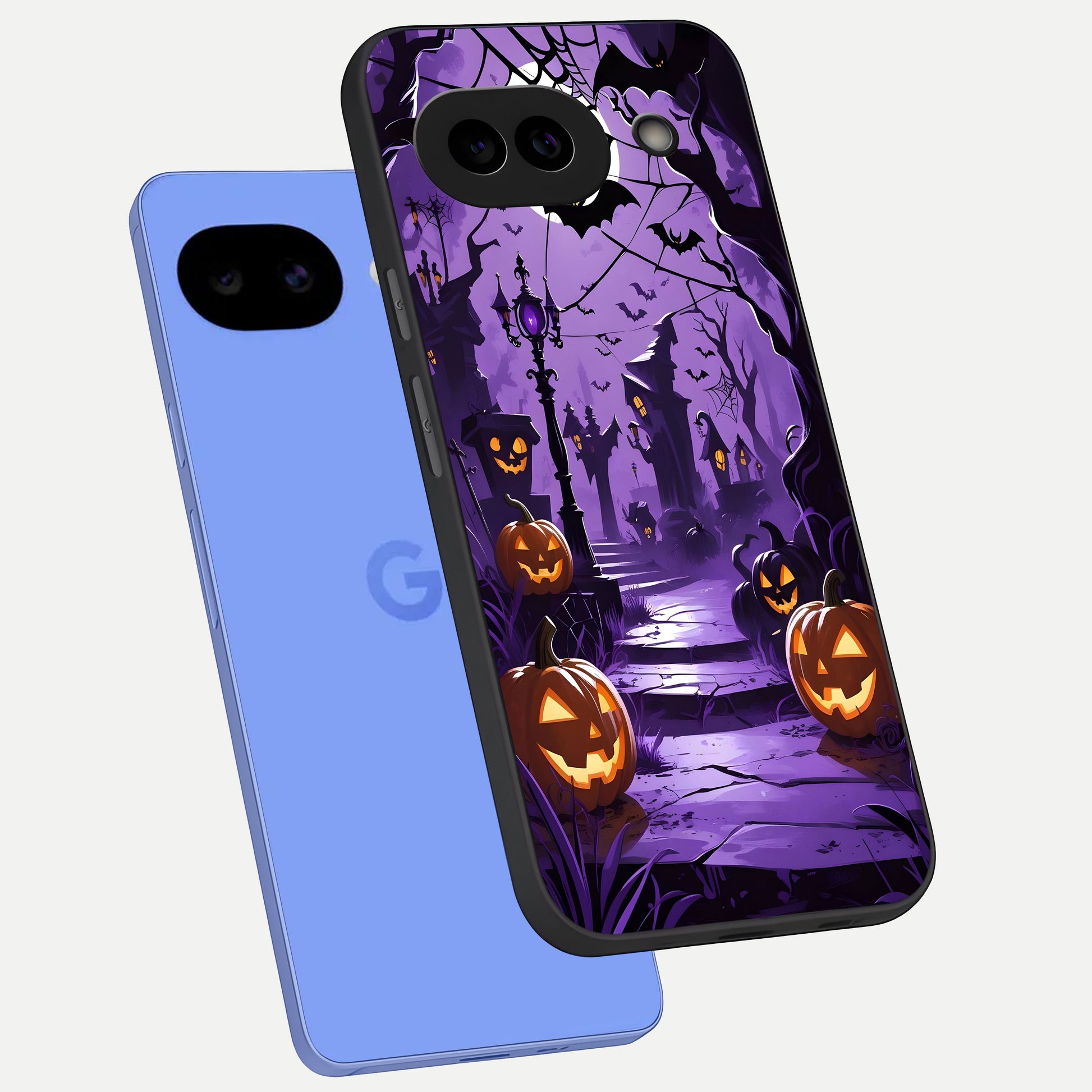  Pumpkin Patch Halloween phone case for Google Pixel 10A showing premium glass back cover with detailed artwork