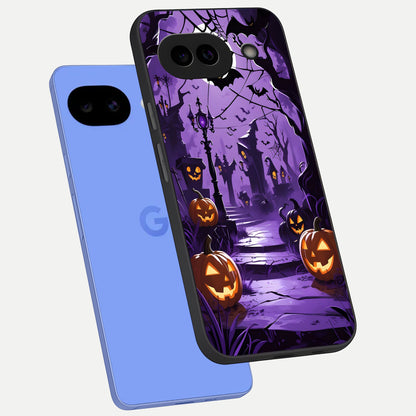  Pumpkin Patch Halloween phone case for Google Pixel 10A showing premium glass back cover with detailed artwork