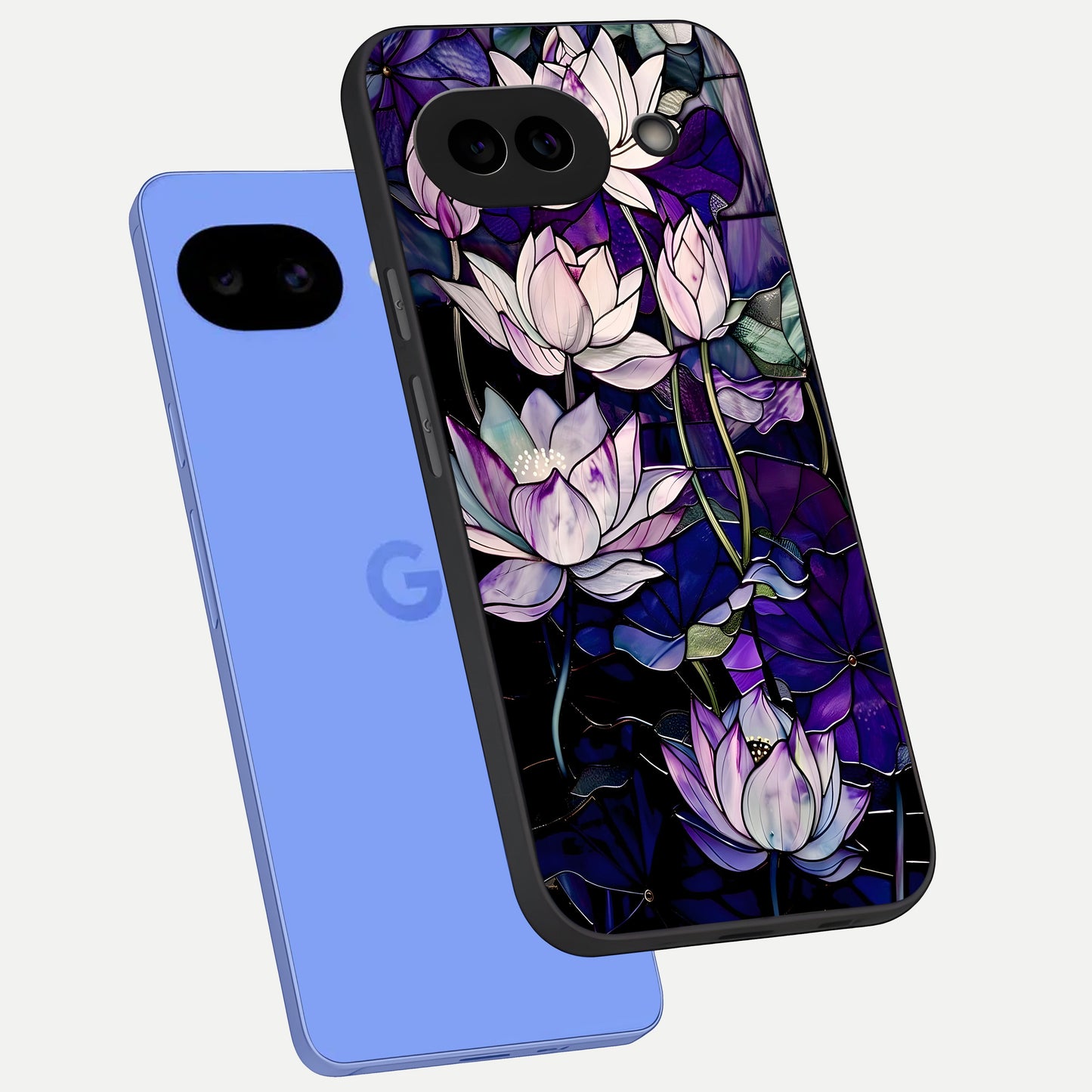  Purple Lotus Pattern phone case for Google Pixel 10A showing premium glass back cover with detailed artwork
