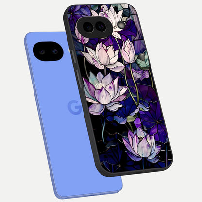 Purple Lotus Pattern phone case for Google Pixel 10A showing premium glass back cover with detailed artwork