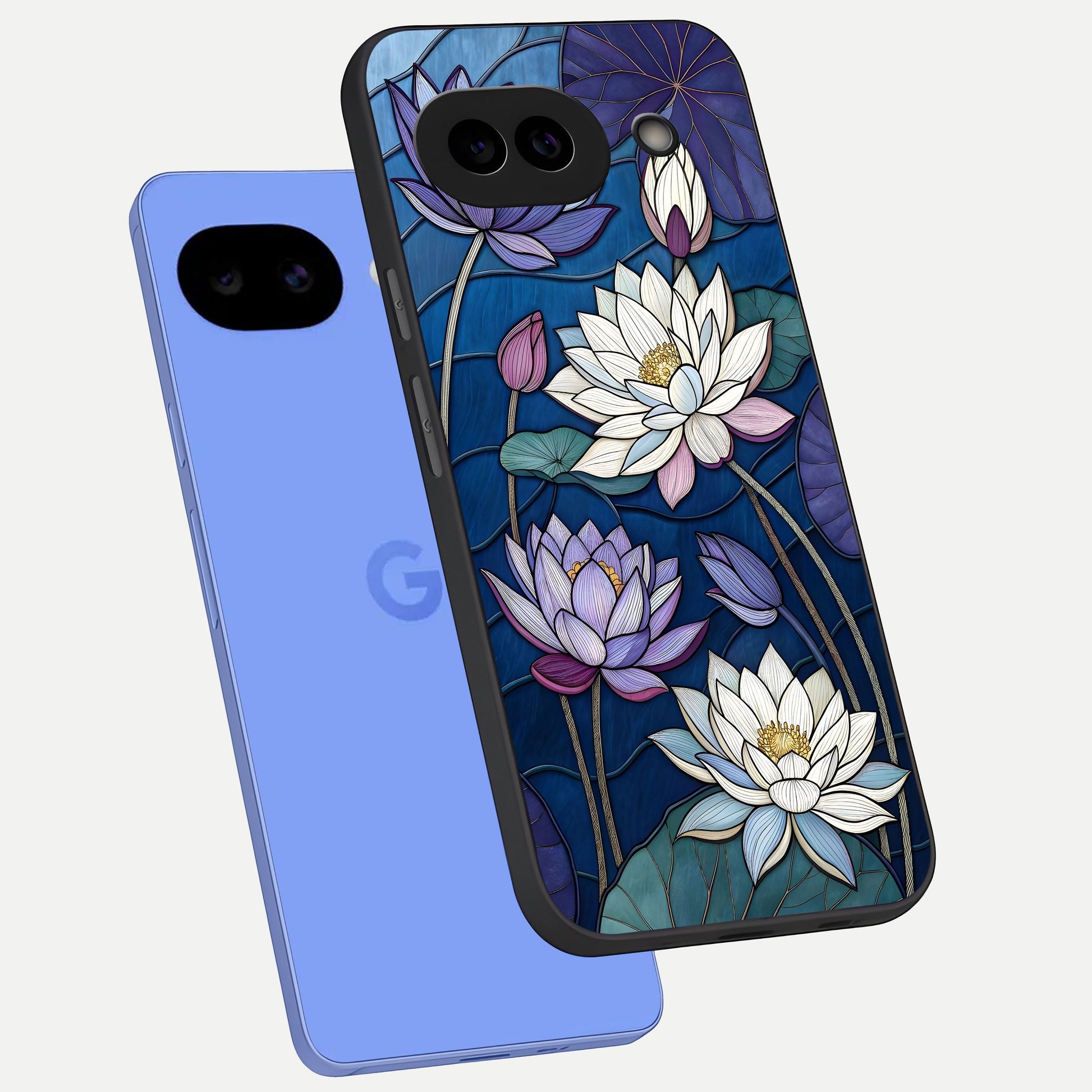  Purple Lotus Stained phone case for Google Pixel 10A showing premium glass back cover with detailed artwork