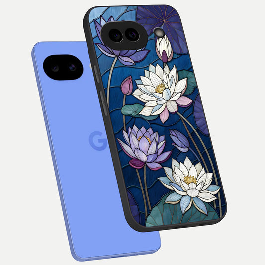  Purple Lotus Stained phone case for Google Pixel 10A showing premium glass back cover with detailed artwork