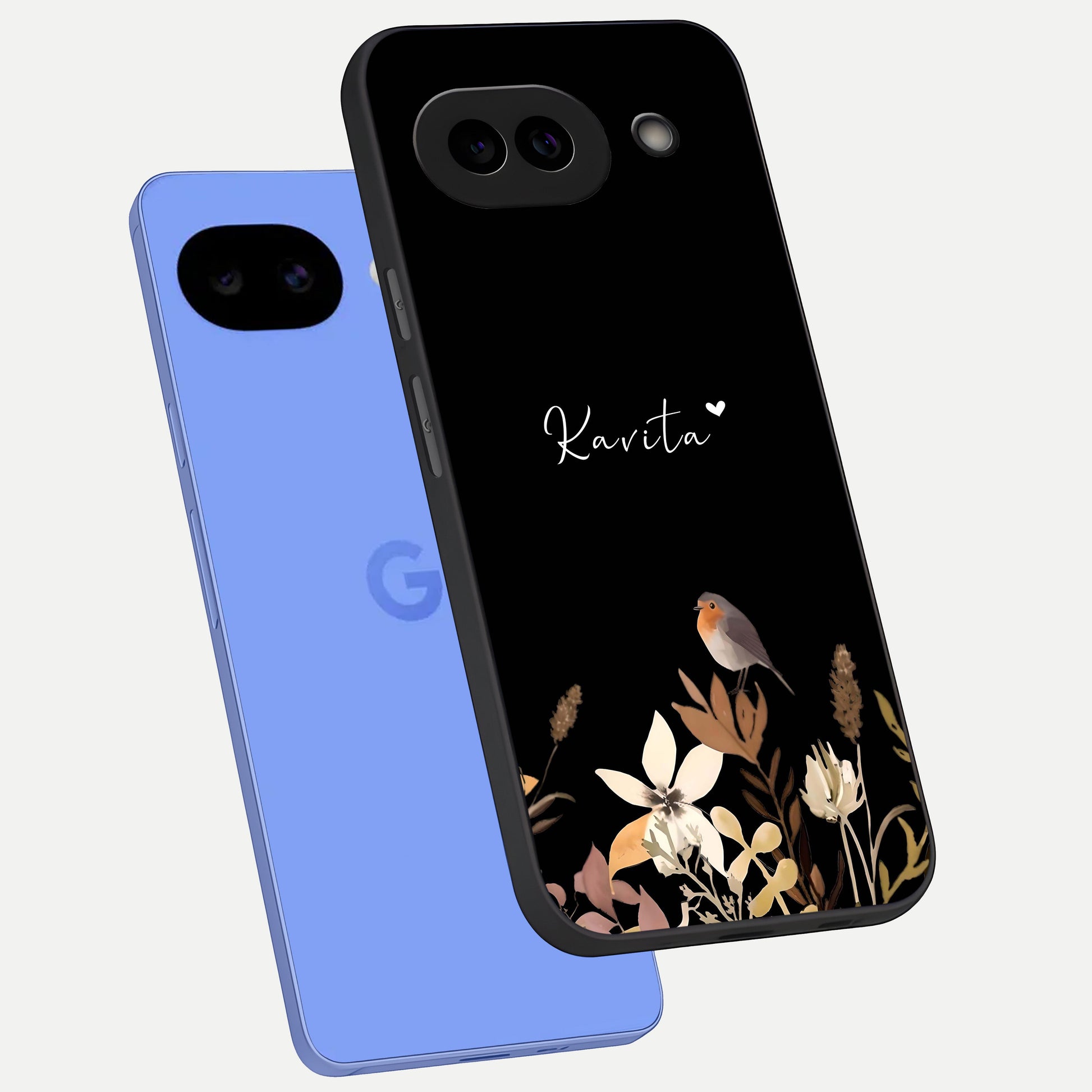  Quiet Garden Tune Custom Name phone case for Google Pixel 10A showing premium glass back cover with detailed artwork