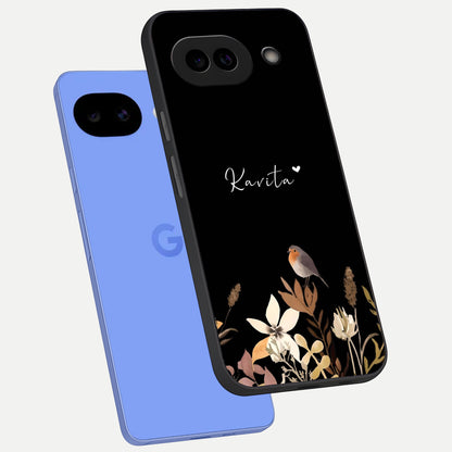  Quiet Garden Tune Custom Name phone case for Google Pixel 10A showing premium glass back cover with detailed artwork
