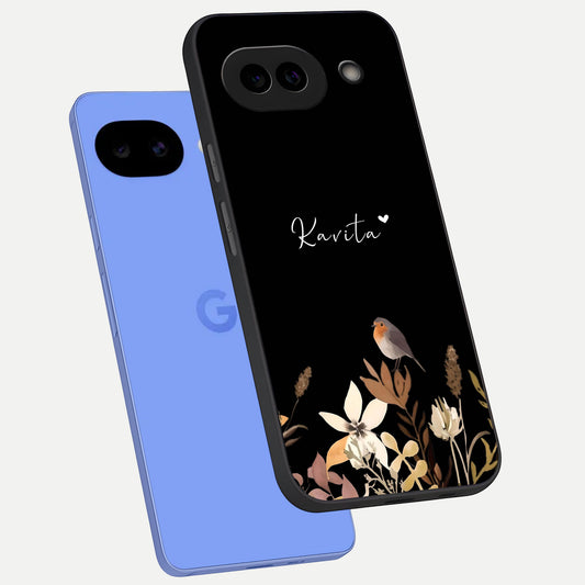  Quiet Garden Tune Custom Name phone case for Google Pixel 10A showing premium glass back cover with detailed artwork