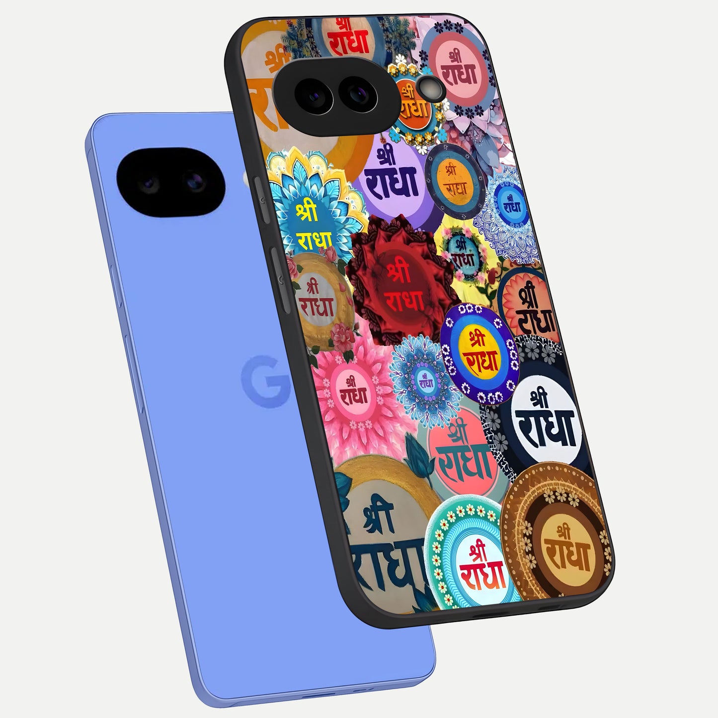  Radha Divine Bloom phone case for Google Pixel 10A showing premium glass back cover with detailed artwork