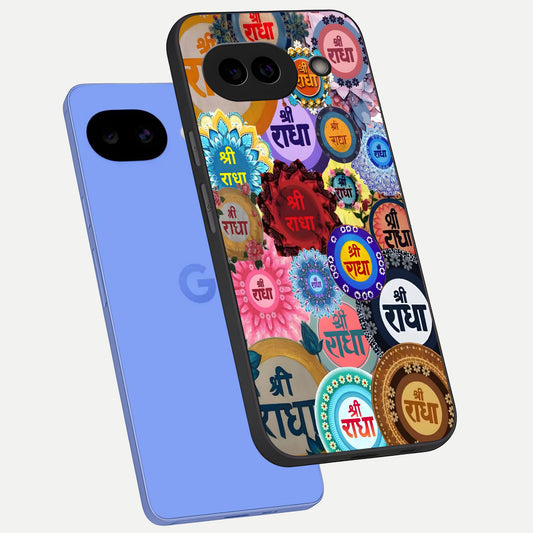  Radha Divine Bloom phone case for Google Pixel 10A showing premium glass back cover with detailed artwork