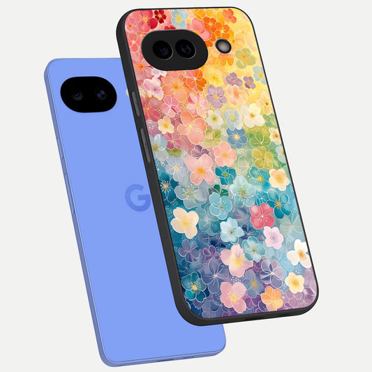  Rainbow Blossom Burst phone case for Google Pixel 10A showing premium glass back cover with detailed artwork