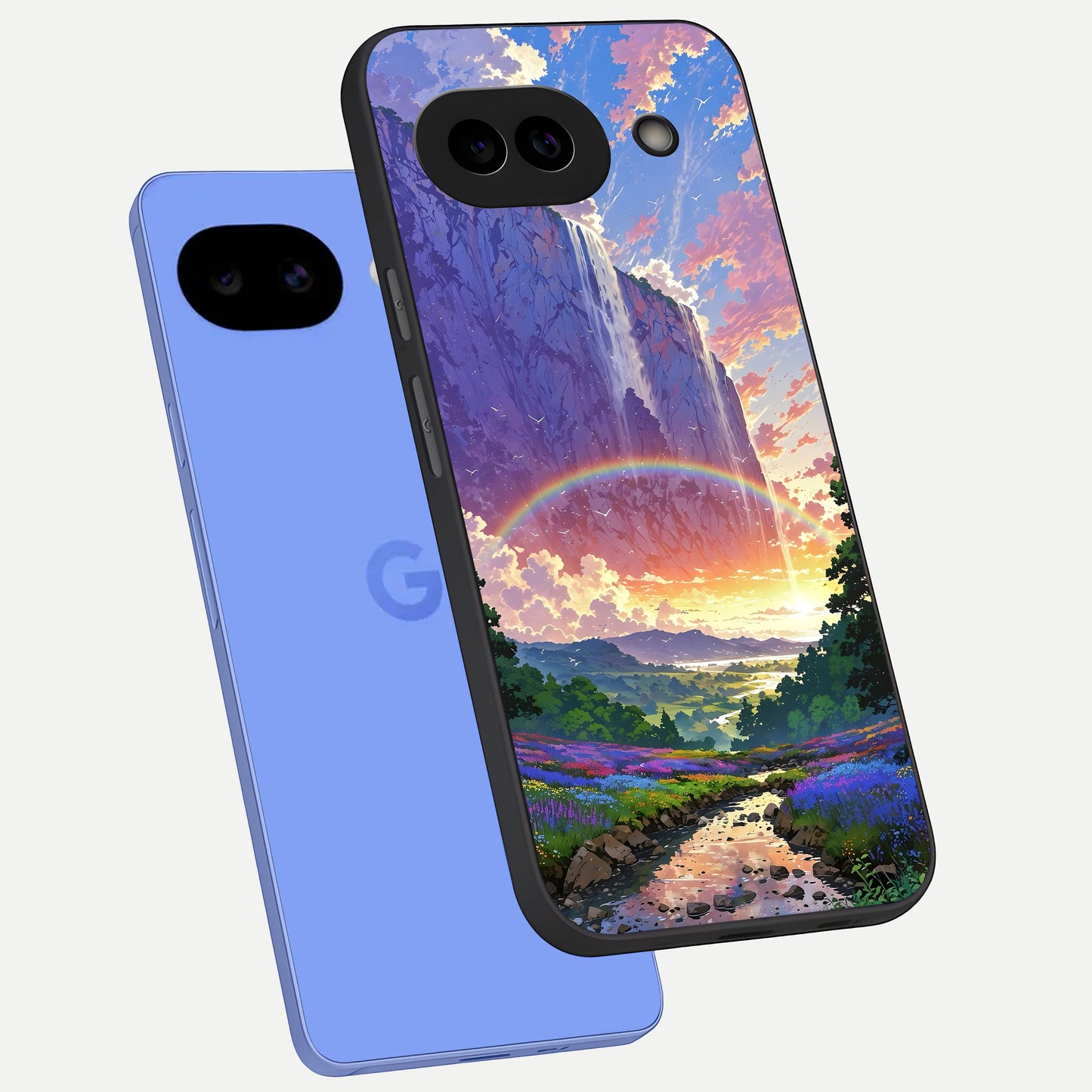  Rainbow Valley Dream phone case for Google Pixel 10A showing premium glass back cover with detailed artwork