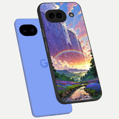  Rainbow Valley Dream phone case for Google Pixel 10A showing premium glass back cover with detailed artwork