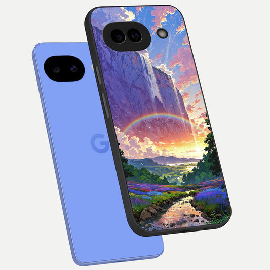  Rainbow Valley Dream phone case for Google Pixel 10A showing premium glass back cover with detailed artwork