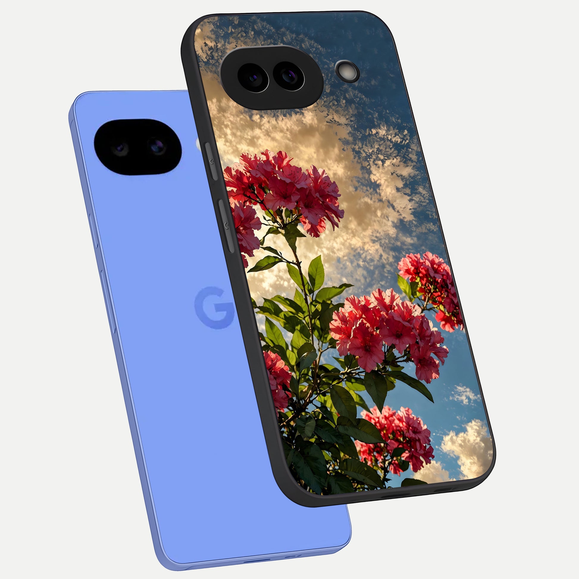  Red Bloom Skies phone case for Google Pixel 10A showing premium glass back cover with detailed artwork