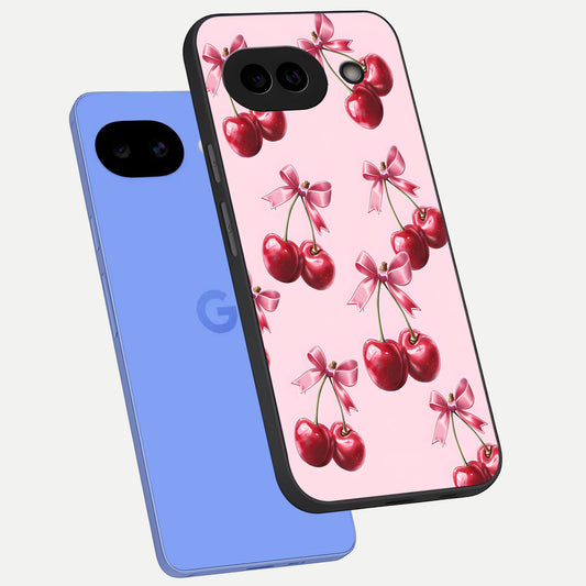  Red Cherries Pattern phone case for Google Pixel 10A showing premium glass back cover with detailed artwork