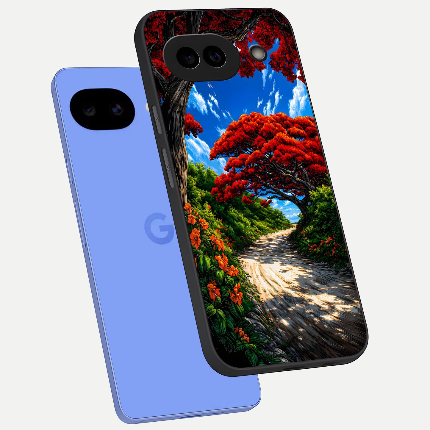  Red Trees Pathway phone case for Google Pixel 10A showing premium glass back cover with detailed artwork