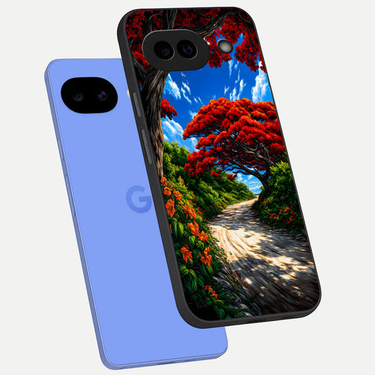  Red Trees Pathway phone case for Google Pixel 10A showing premium glass back cover with detailed artwork