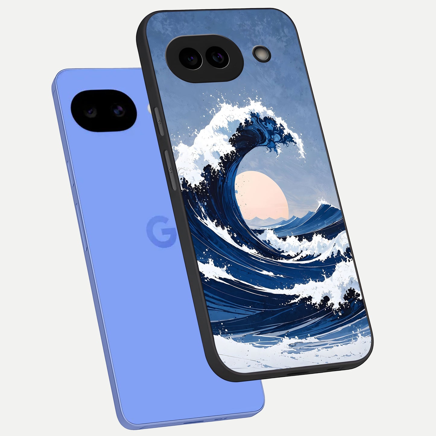  Rising Tide Power phone case for Google Pixel 10A showing premium glass back cover with detailed artwork