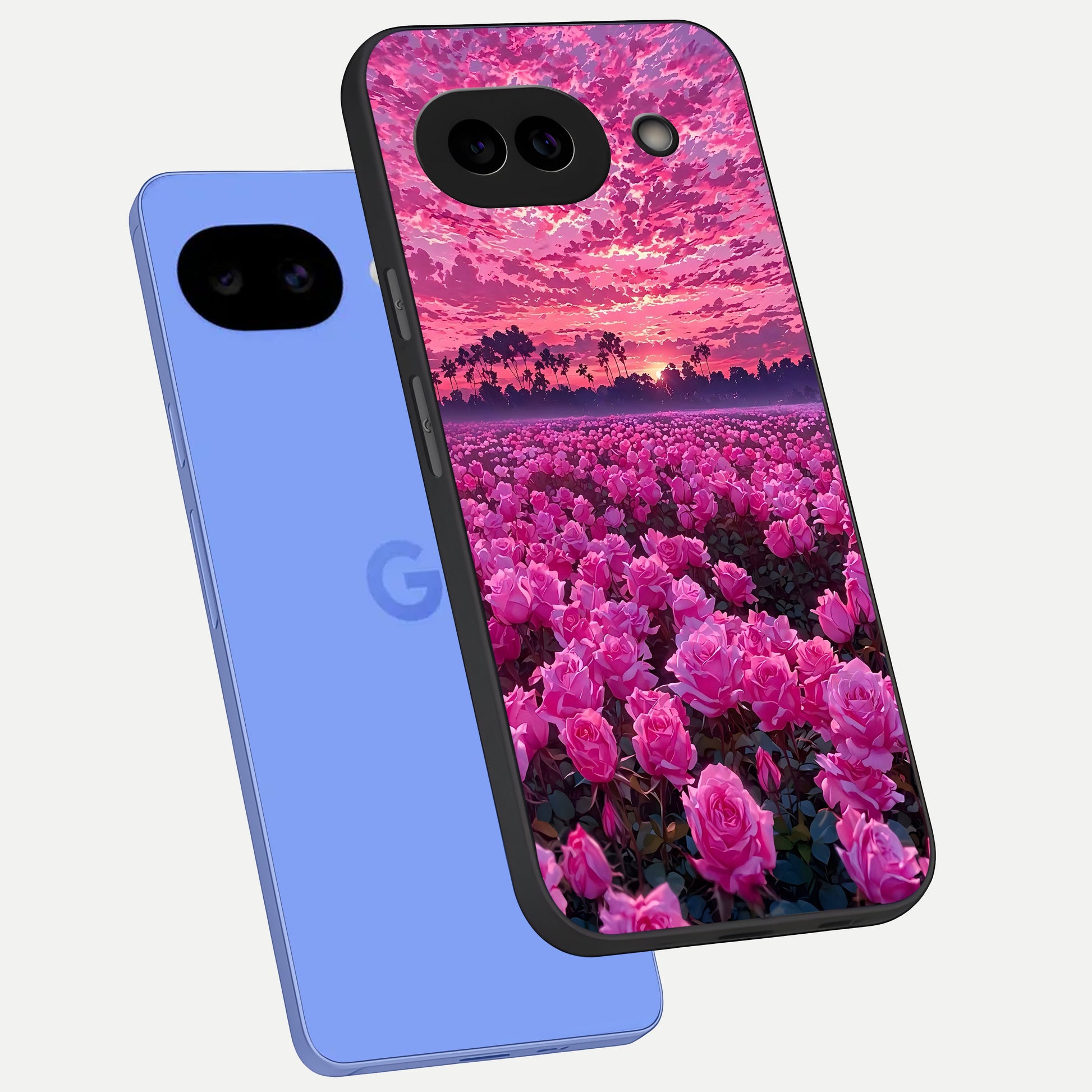  Rose Sunset Valley phone case for Google Pixel 10A showing premium glass back cover with detailed artwork