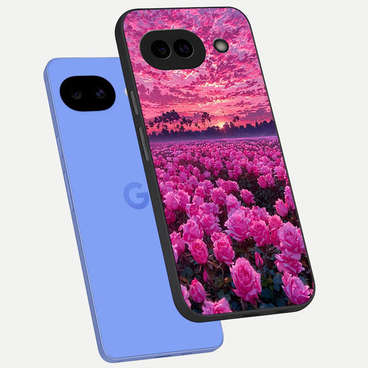  Rose Sunset Valley phone case for Google Pixel 10A showing premium glass back cover with detailed artwork