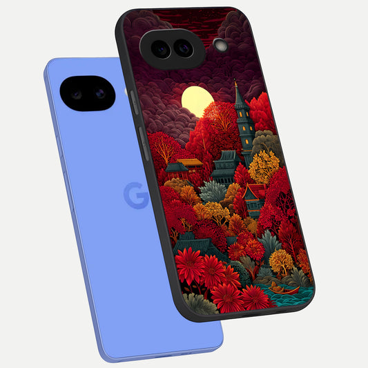  Scarlet Autumn Temple phone case for Google Pixel 10A showing premium glass back cover with detailed artwork