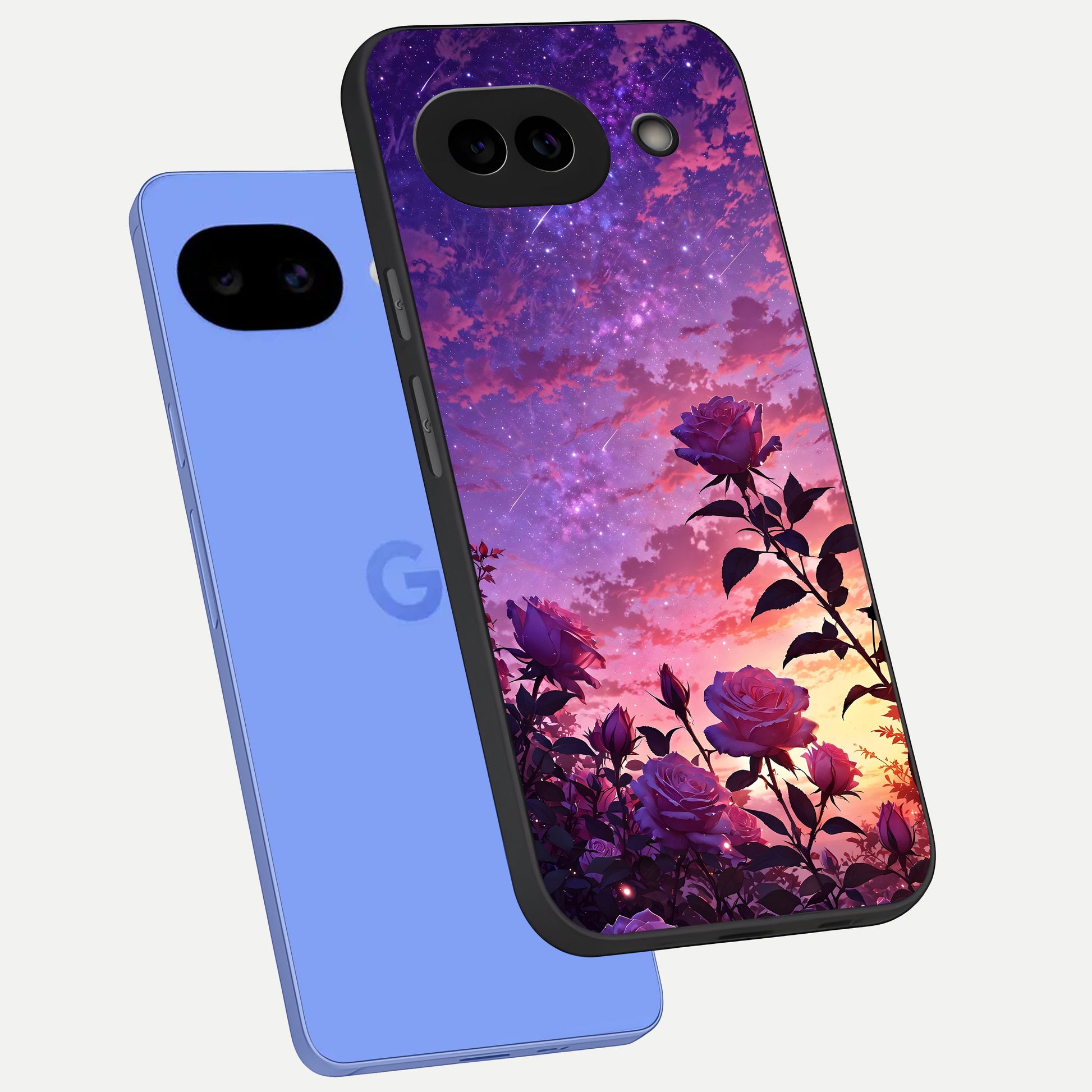  Starlit Rose Twilight phone case for Google Pixel 10A showing premium glass back cover with detailed artwork