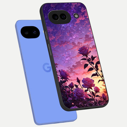  Starlit Rose Twilight phone case for Google Pixel 10A showing premium glass back cover with detailed artwork
