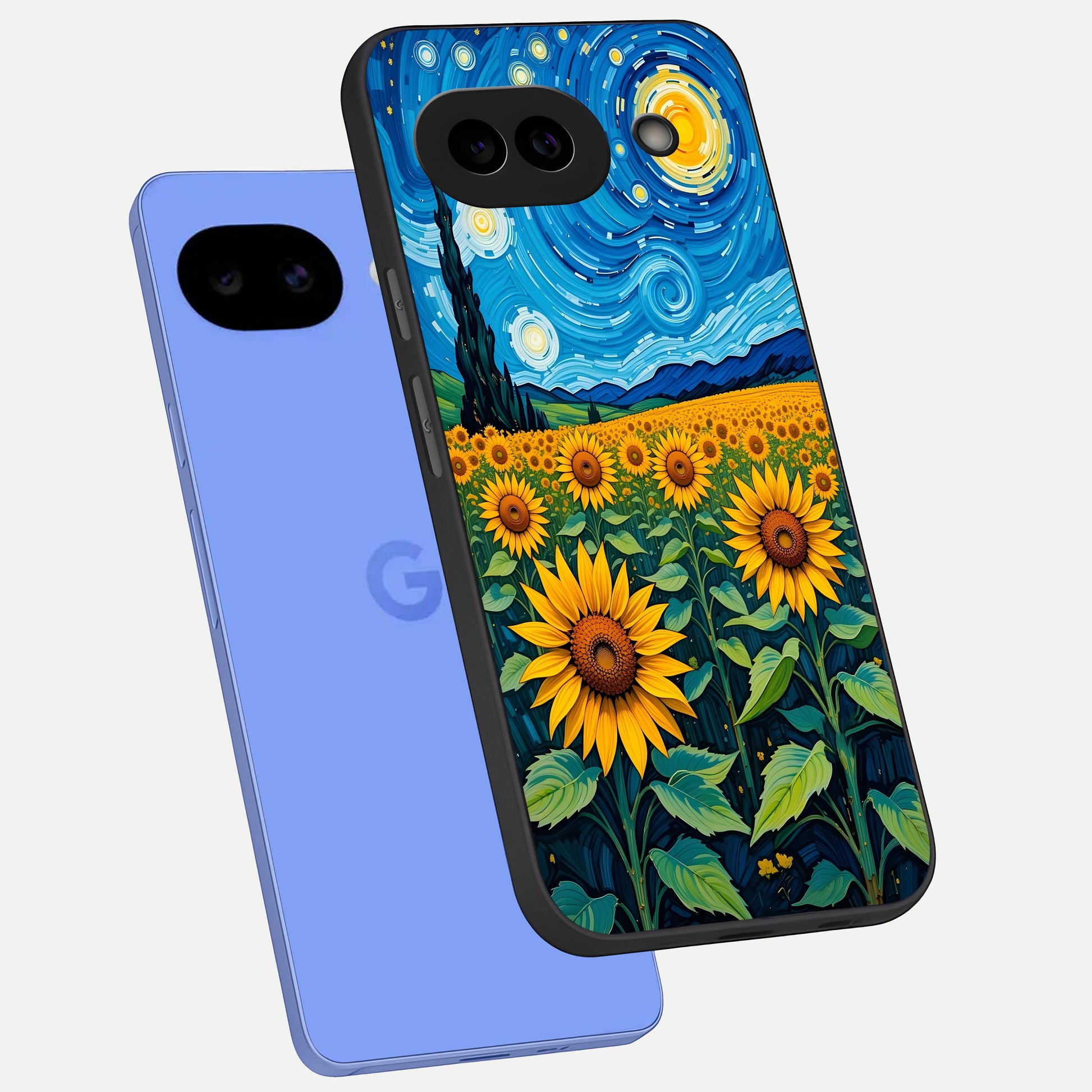  Starry Sunflower Dreams phone case for Google Pixel 10A showing premium glass back cover with detailed artwork