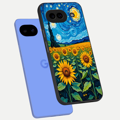  Starry Sunflower Dreams phone case for Google Pixel 10A showing premium glass back cover with detailed artwork