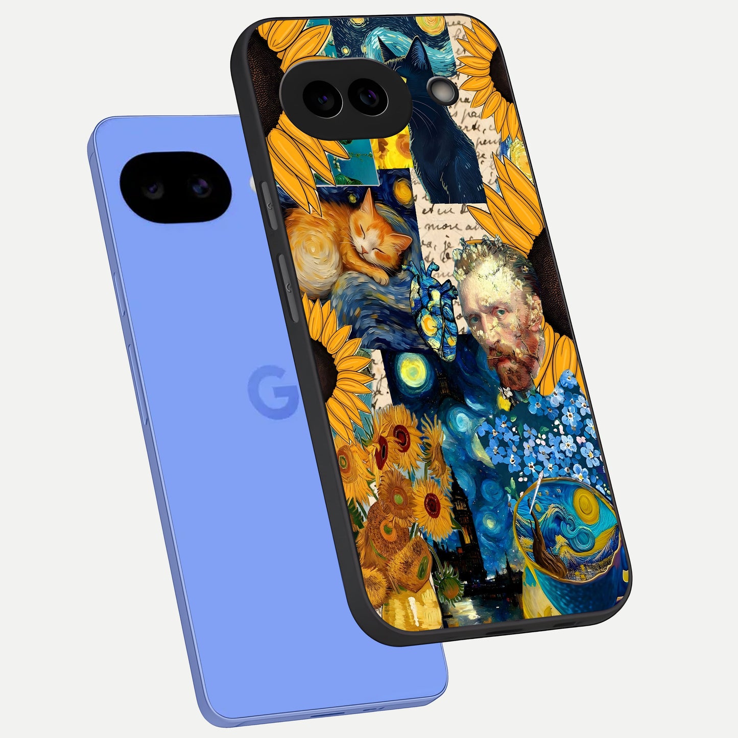  Sunflower Cat Art phone case for Google Pixel 10A showing premium glass back cover with detailed artwork