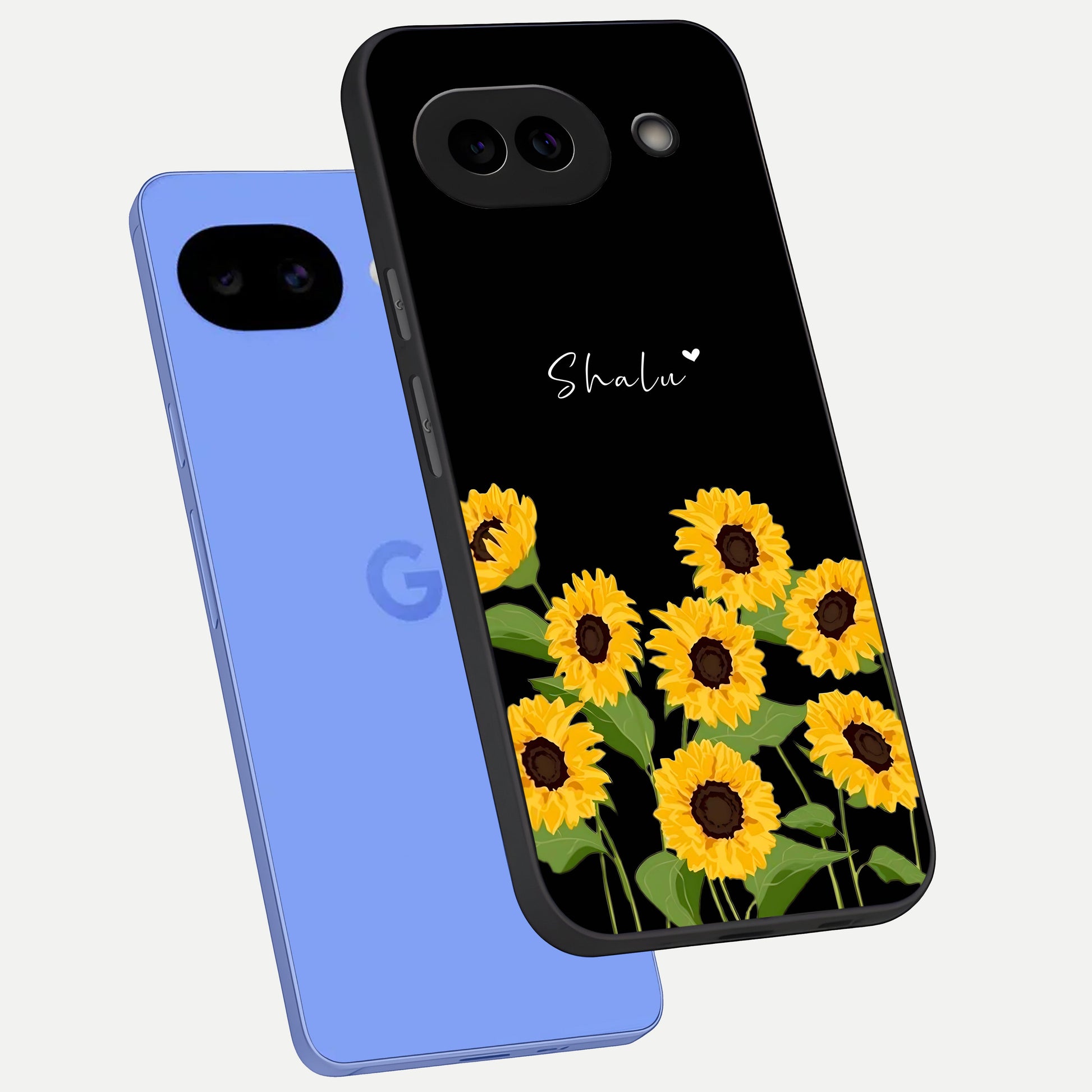  Sunflower Chic Mood Custom Name phone case for Google Pixel 10A showing premium glass back cover with detailed artwork